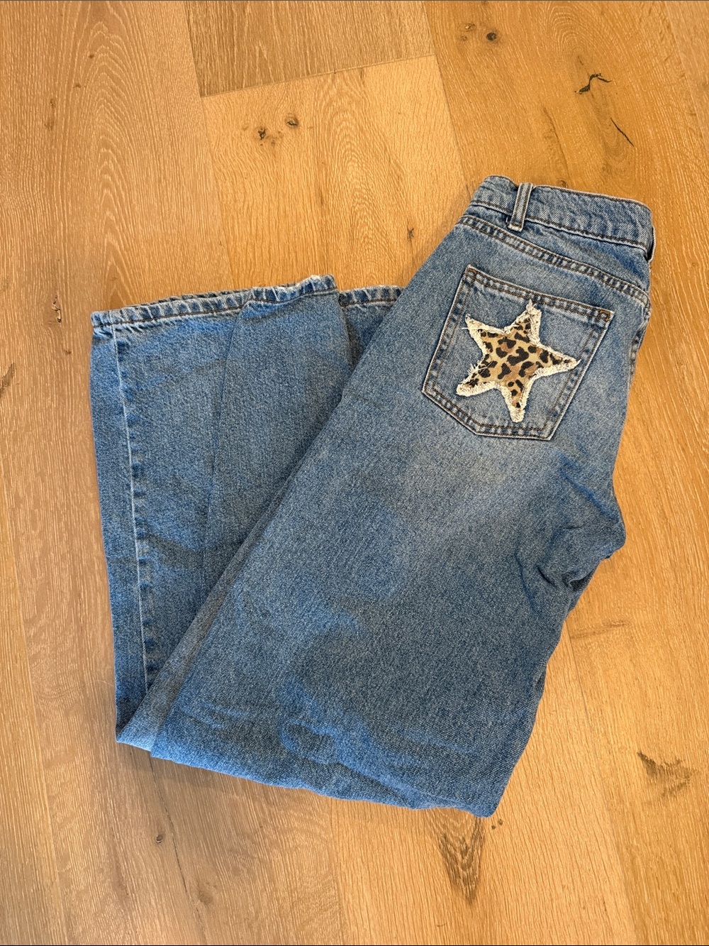 Women’s Straight Leg Blue Denim Jeans with Leopard Star Patch
